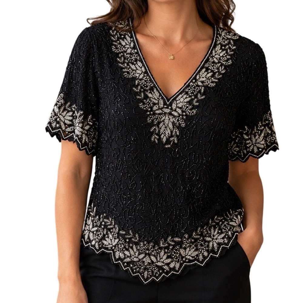 Vintage Laurence Kazar L Black Beaded V Neck Short Sleeve‎ Top Evening Formal